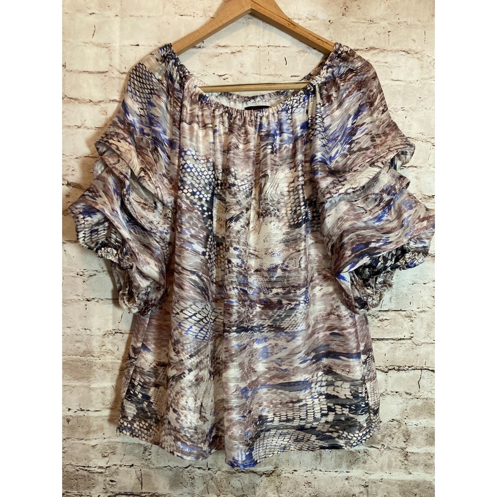 MSK Top Womens XL Purple Watercolor Snakeskin Print Ruffle Bell Sleeve Glitter